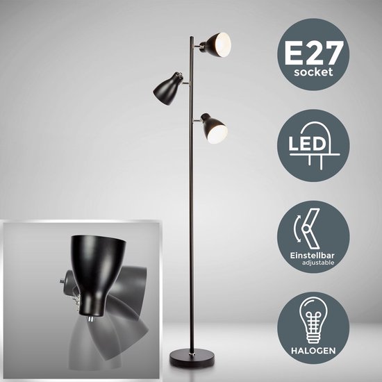 Zwarte staande lamp met drie verstelbare spots en een ronde voet. Close-up van de verstelbare spot.