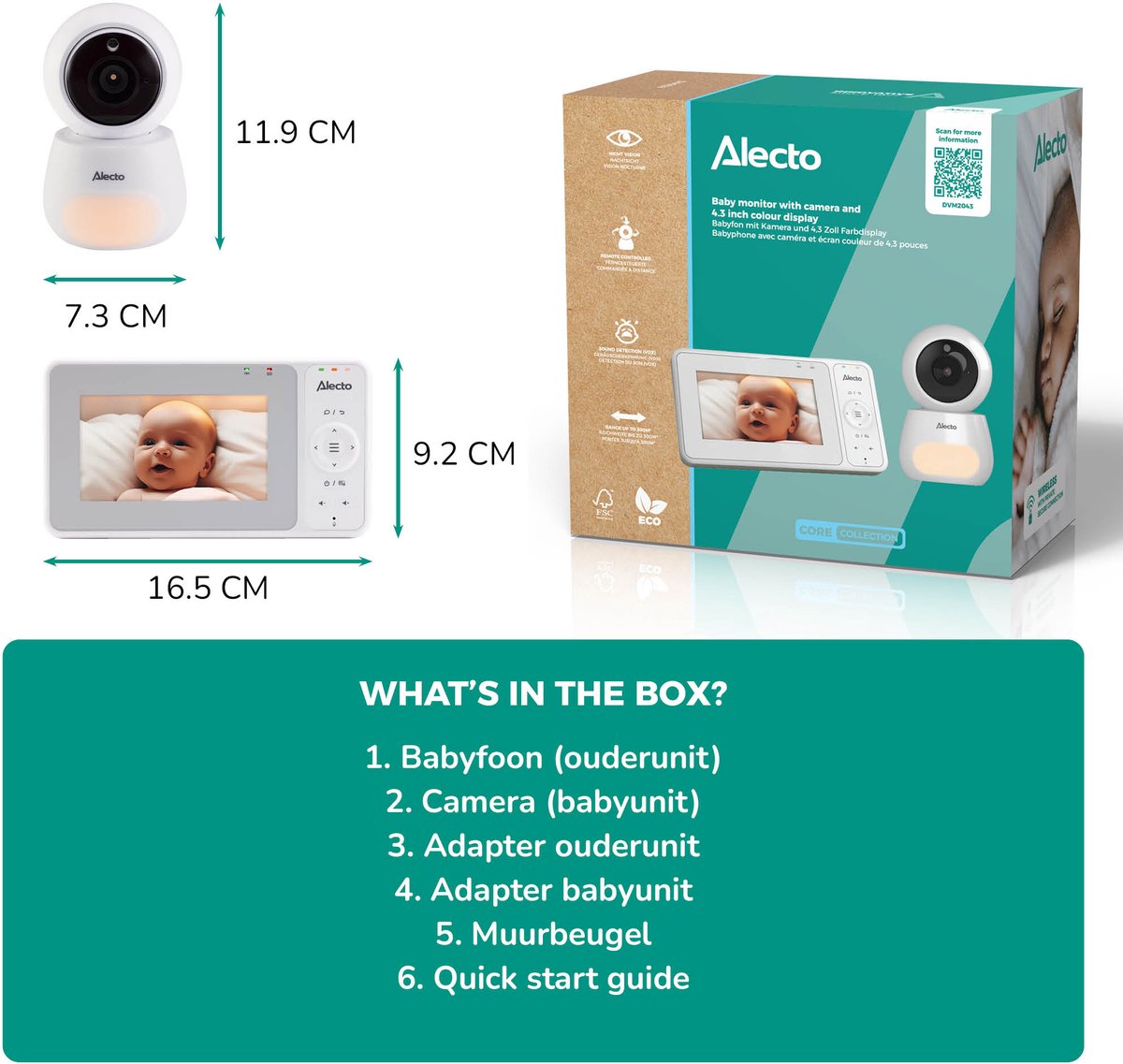 Afbeelding 2 van Alecto Babyfoon met Camera - Core Collection - Beste Koop en Beste uit de Test - 4.3 inch Scherm - Op afstand bestuurbaar - Uitbreidbaar tot 4 camera's - Nachtlampje - DVM2043 - Wit