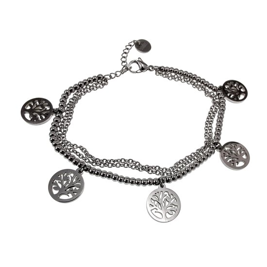 Bracelet Femme 15cm à 19cm - Acier Inoxydable Couleur Argent - Bracelet Triple avec Pendentif Cinq Arbre de Vie - Ajustable
