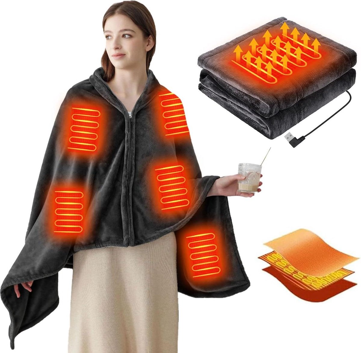 USB-elektrische deken met 3 temperatuurniveaus - machinewasbaar - camping draadloze warmtedeken