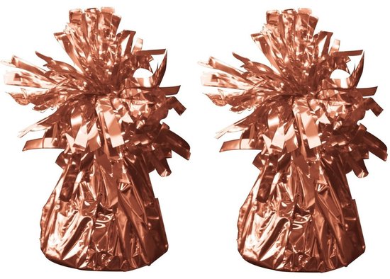 Twee roségouden ballongewichtjes met glanzende franjes aan de bovenkant.
