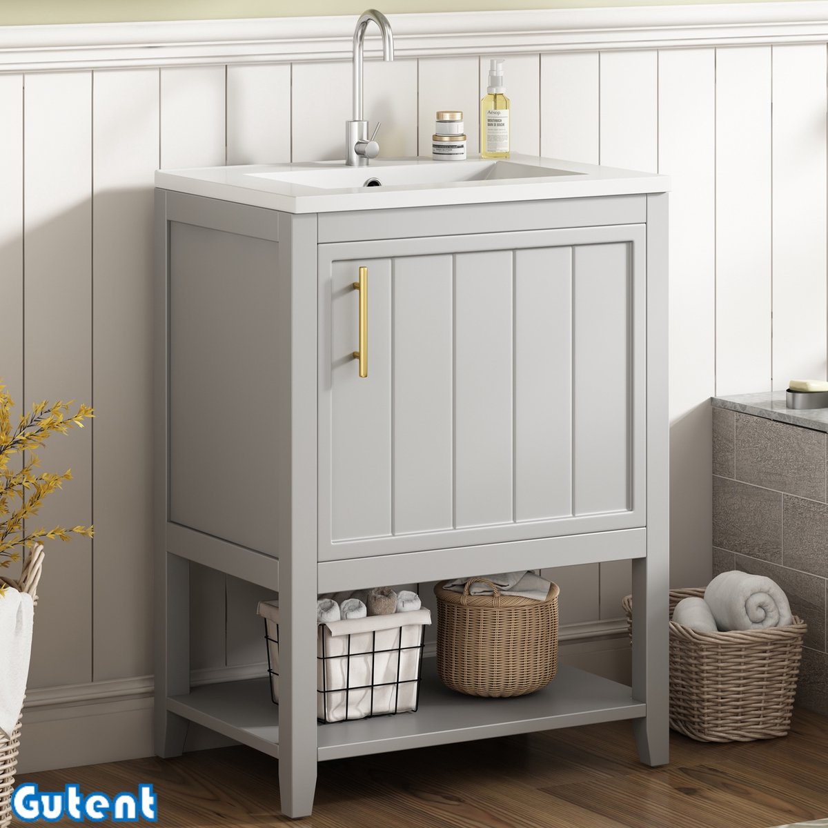 Gutent Badkamermeubels - Onderkast 60 cm - met keramische wastafel - met planchet - Grijs