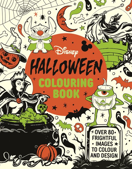 Disney Halloween Kleurboek met Stitch, een pompoen, heksen en geesten. Tekst: Disney Halloween Colouring Book.