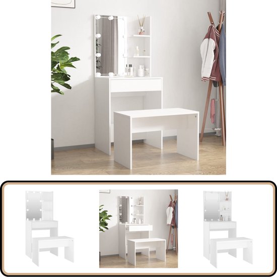 vidaXL Kaptafelset - Met LED's - Wit - Incl. Kruk Kaptafel - Dressingtable - Make-up Tafel - Led Verlichting - Slaapkamer Meubel