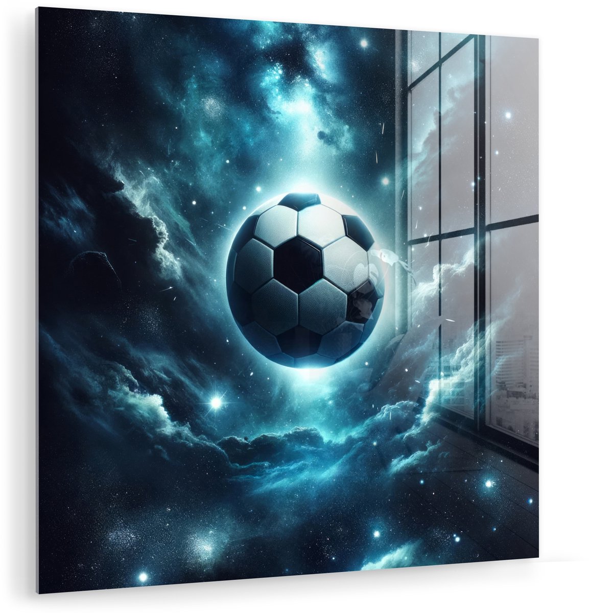 MuchoWow® Glasschilderij 90x90 cm - Schilderij acrylglas - Voetbal - Galaxy - Ruimte - Sport - Blauw - Foto op glas - Muurdecoratie woonkamer - Wanddecoratie slaapkamer - Schilderijen