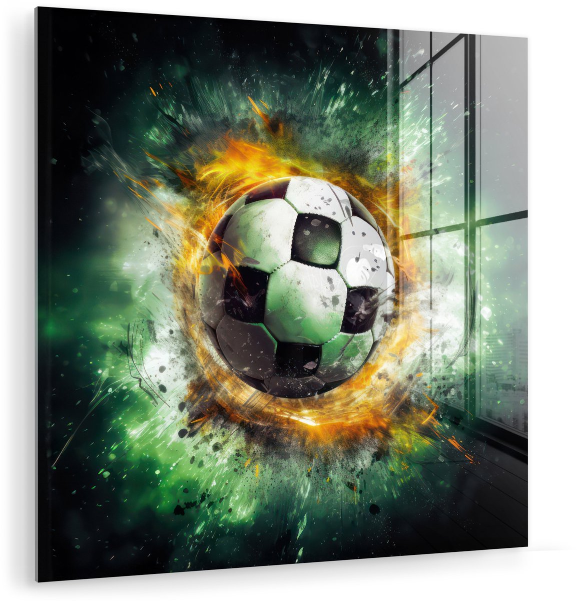 MuchoWow® Glasschilderij 90x90 cm - Schilderij acrylglas - Bal - Voetbal - Groen - Oranje - Rook - Foto op glas - Muurdecoratie woonkamer - Wanddecoratie slaapkamer - Schilderijen