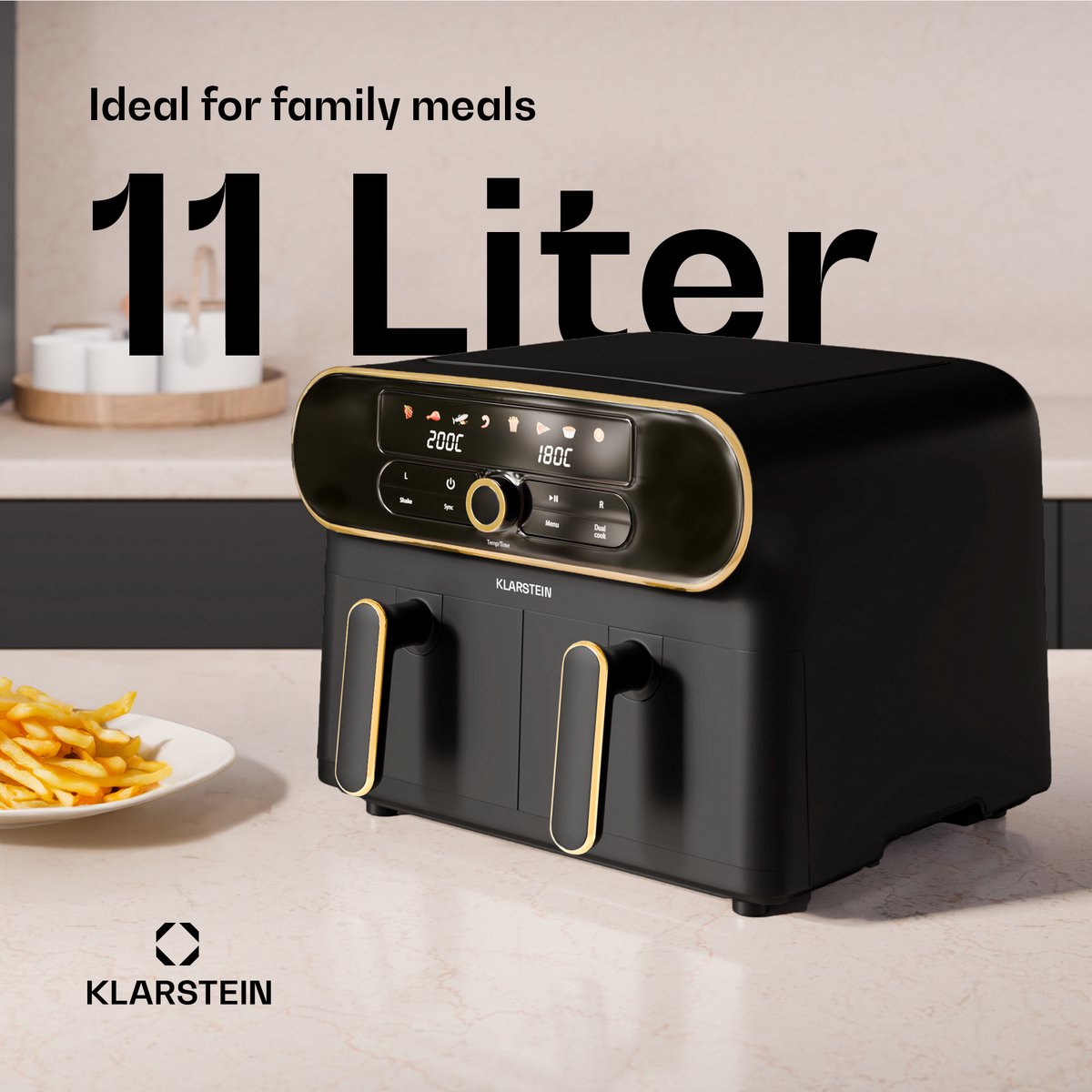 Afbeelding 2 van AuraAir Color Touch heteluchtfriteuse | 2 compartimenten | 11 L | 1700 W | 80 - 200 °C | 8 programma's