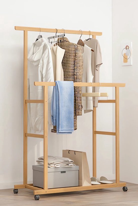 Stabiel houten kledingrek met plank, bamboe open kapstok met kledingstang en haken, vintage open kledingkast, dubbel jasrek voor kleedkamer, hal, bruin, 130 cm