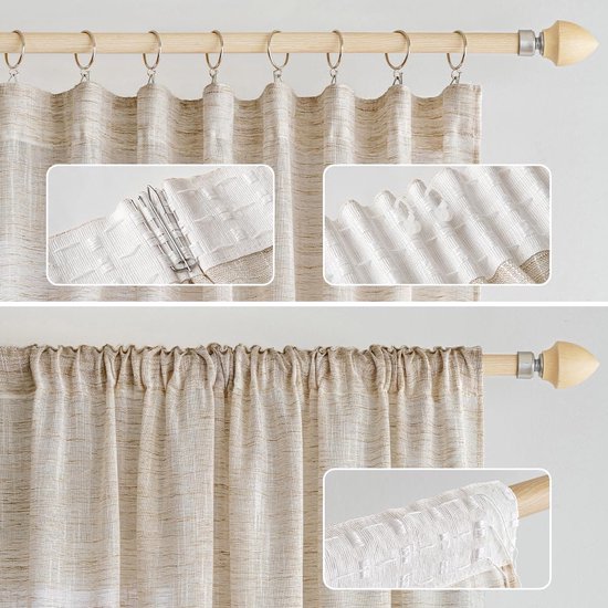 Goodivery ® Rideaux en Lin, Rideaux avec Bande plissée, Blanc, Rideau Aspect Lin, Bande plissée, Salon, Moderne, Voile, système de Rail, Chambre à Coucher, Lot de 2, 140 x 245 cm, Naturel
