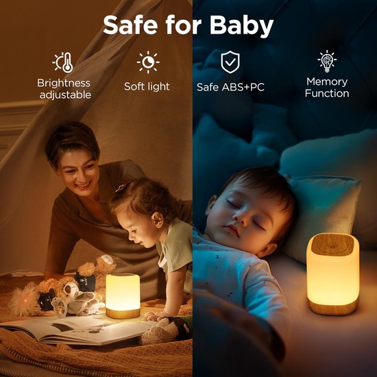 RHYTHMFLAME USB Oplaadbaar Nachtlampje - Warm Licht & RGB Kleuren - Timer - Nachtlampje voor de Slaapkamer - Sfeerlamp - LED verlichting - Leeslamp - Tafellamp - Bedlamp voor Baby, Kinderen & Volwassenen - Dimbaar - Touch Control - Houtnerf