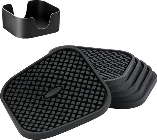 IYYI Siliconen onderzetters set van 6 inch houder, bekeronderzetter voor drankjes diep gegroefde absorberende onderzetter, grote vierkante bekermat van 10 cm (vierkant - zwart