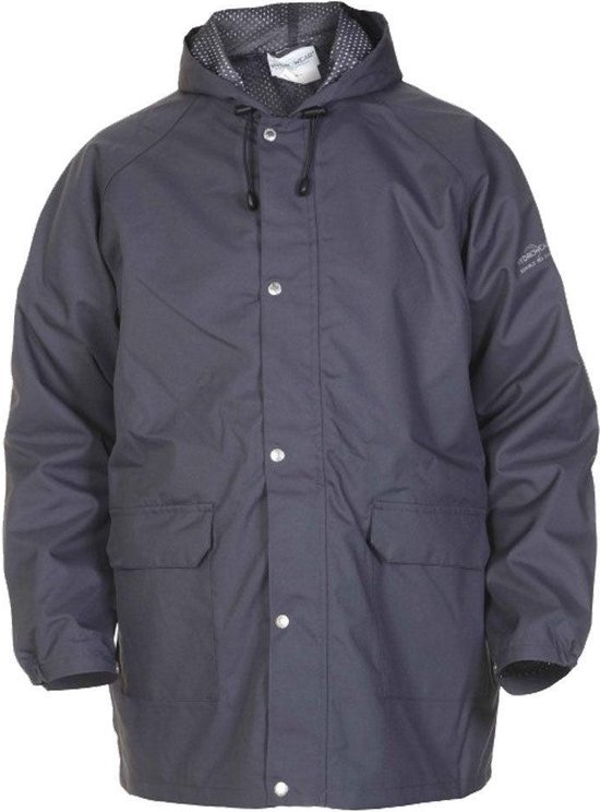 Donkergrijze Hydrowear werkjas met drukknoopsluiting, capuchon en twee steekzakken.