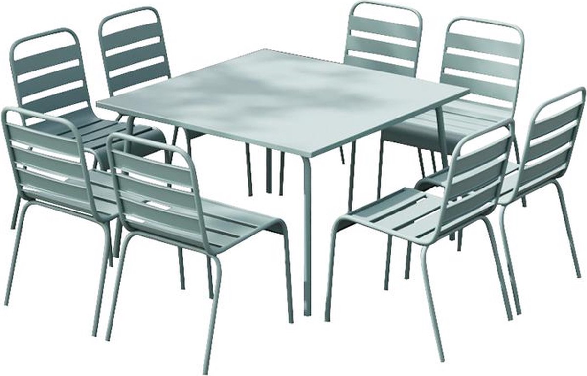 Tuinset met metalen tafel en 8 opstapelbare stoelen in amandelgroen.