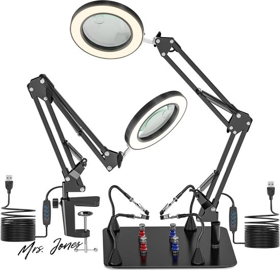 Jubor Verbeterde bureaulamp met 10x led-vergrootglas, licht en klem, draaibare arm, 5 kleurmodi voor lezen, repareren, knutselen