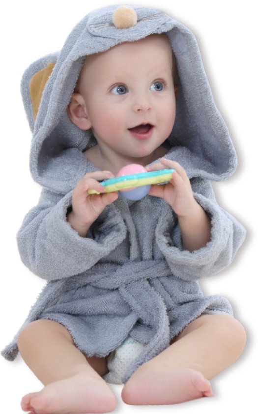 BoefieBoef Donkere Muis Kinder Badjas Baby & Peuter 0-2 Jaar (0-85 cm) – Zacht Katoen Badstof met Dieren Capuchon – Absorberende Ochtendjas Handdoek voor Jongen & Meisje – Zwemles, Carnaval, Verjaardag & Kraamcadeau – Perfect na Bad & Zwemmen — afbeelding 2