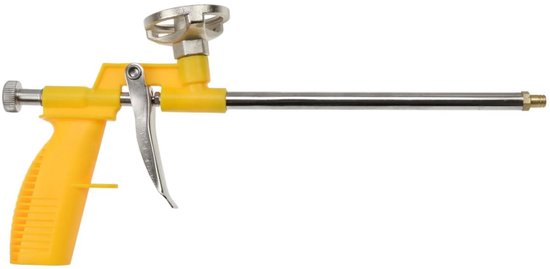 Gele Keltin schuimpistool met aluminium adapter en ergonomische greep.