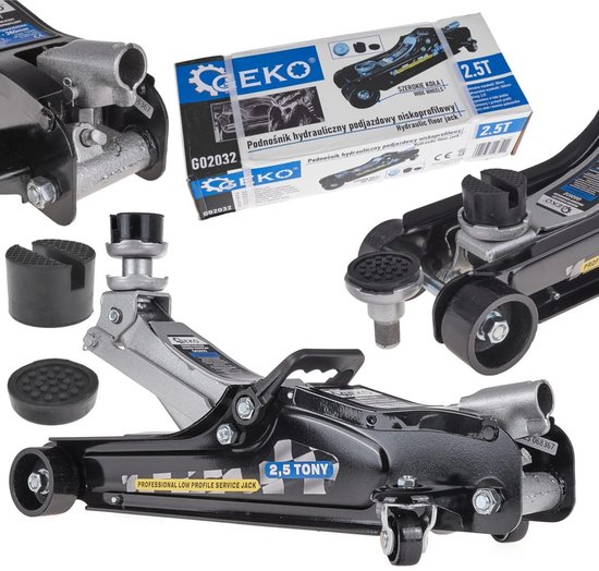 Collage van een zwarte lage hydraulische garagekrik, krikadapters en verpakking met "EKO 2,5T" erop.