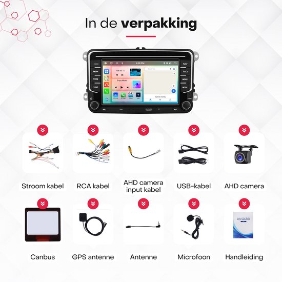 Inhoud van de verpakking: multimediasysteem, diverse kabels, antenne en handleiding.