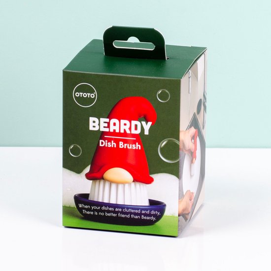 Verpakking van de Beardy afwasborstel met een rode gnome en tekst.