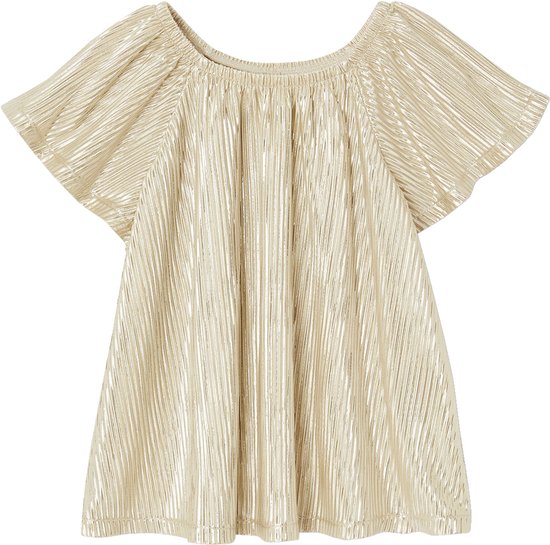 Gouden feestelijke blouse met geplooide stof en korte vlindermouwen.