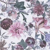Bloemen behang Profhome 381752-GU glad vliesbehang zonder structuur met bloemmotief mat wit paars roze grijs 5,33 m2