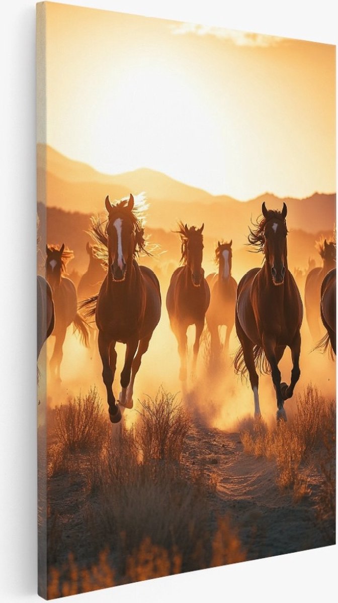 Saammp Canvas Schilderij - Groep Paarden in zonsondergang - Dieren - Natuur - 80x120 - Foto op canvas - Wanddecoratie - Muurdecoratie Woonkamer - Slaapkamer decoratie - Canvas Print Multicolor