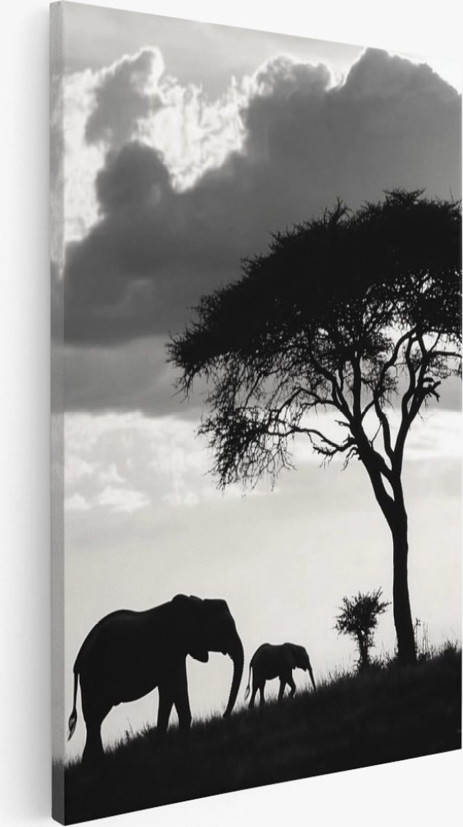 Saammp Canvas Schilderij - Olifanten silhouette - Dieren - Natuur - 40x60 - Foto op canvas - Wanddecoratie - Muurdecoratie Woonkamer - Slaapkamer decoratie - Canvas Print Multicolor