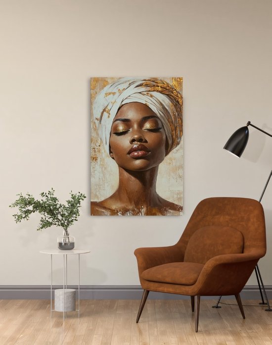 Saammp - Canvas Schilderij - Afrikaanse vrouw met witte tulband en goud - abstract - 100x150 - Foto op canvas - Wanddecoratie - Muurdecoratie Woonkamer - Slaapkamer decoratie - Canvas Print