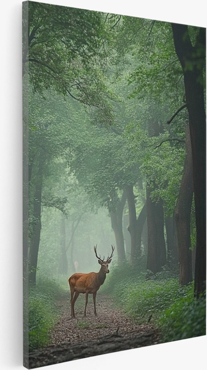 Saammp Canvas Schilderij - Hert in groen bos - Dieren - Natuur - 100x150 - Foto op canvas - Wanddecoratie - Muurdecoratie Woonkamer - Slaapkamer decoratie - Canvas Print Multicolor