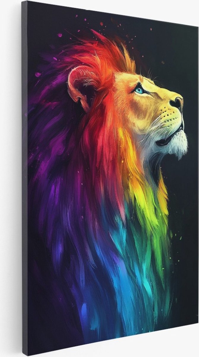 Saammp Canvas Schilderij - Abstracte Leeuw - Regenboog - Dieren - Kleurrijk - 100x150 - Foto op canvas - Wanddecoratie - Muurdecoratie Woonkamer - Slaapkamer decoratie - Canvas Print Multicolor