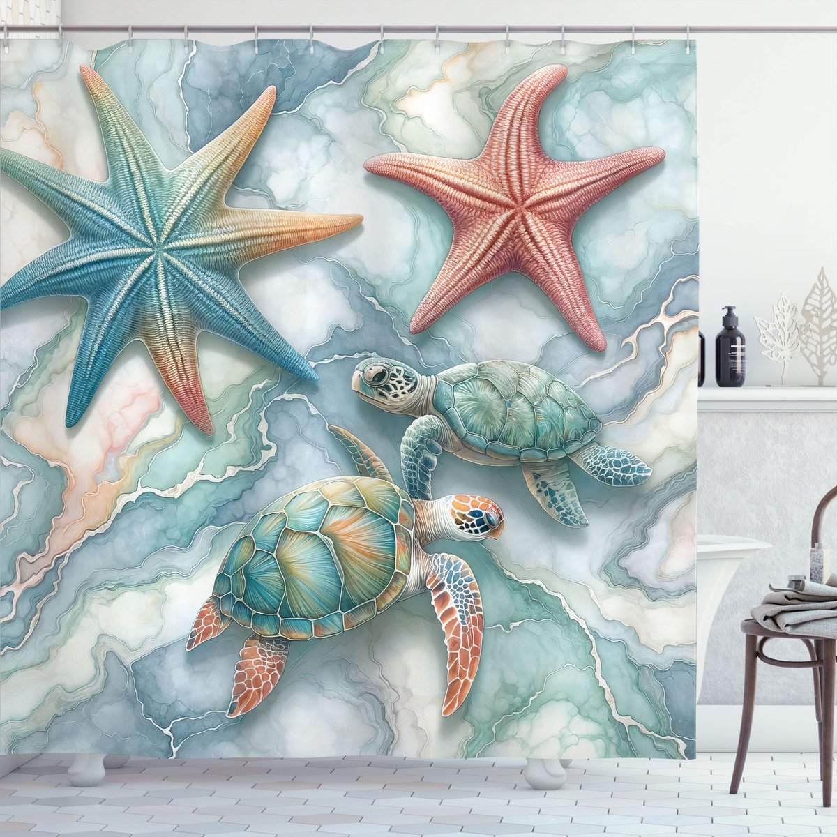 New Bed Kuststijl Zeesterren en zeeschildpadden Douchegordijn Badkamer Decor Set met Haakjes, 180 cm B x 200 cm L