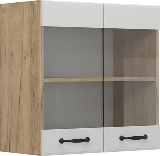 Vicco Glazen Keukenkast R-Line, Blauw-grijs/Krachtige Eik Goud 60 Cm