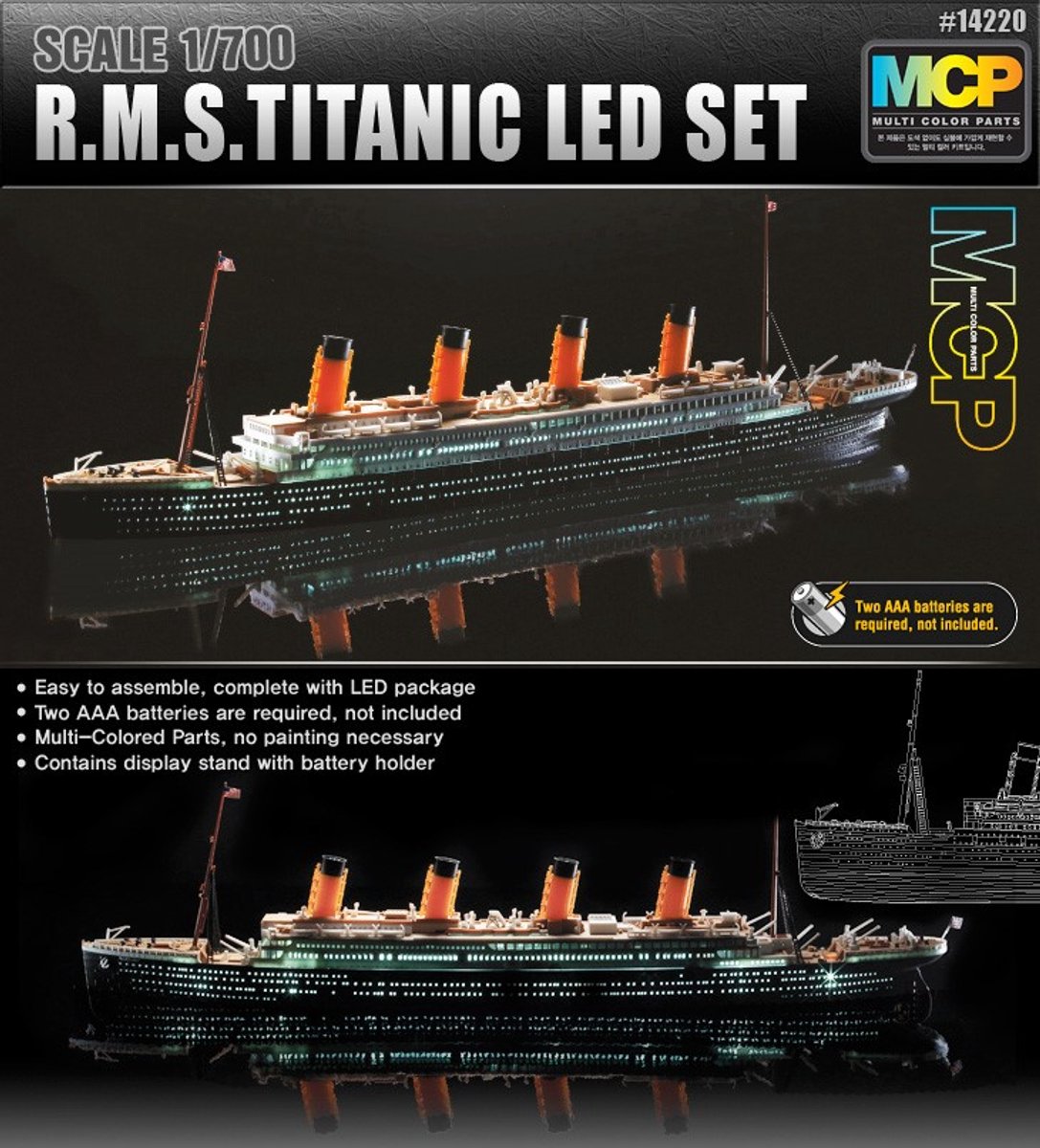 Academy Modelbouwpakket Schepen - 14220 RMS Titanic met LED-verlichtingsset - Passagiersschip Plastic - 1:700 - Modelbouw