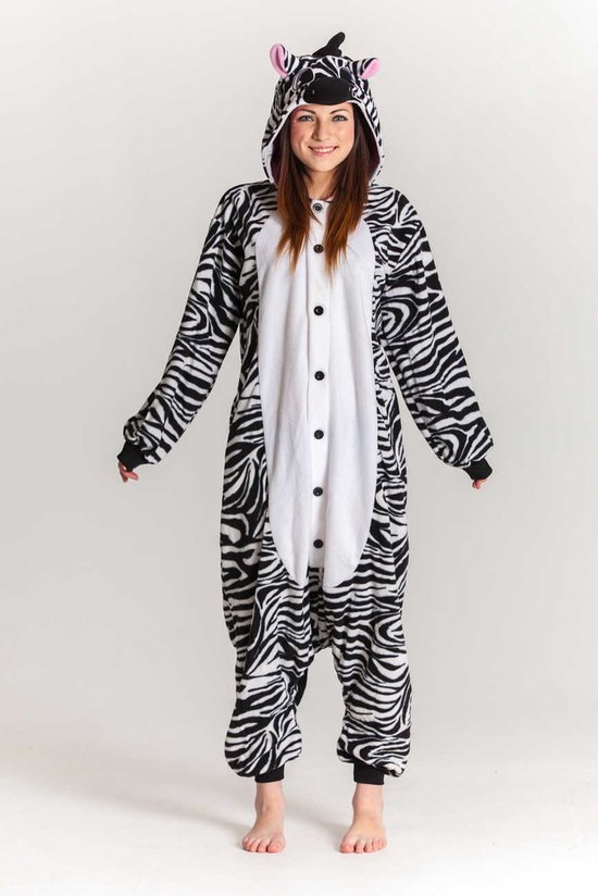 KIMU® Onesie Zebra Pak - Maat S-M of 158-164 - Zebrapak Kostuum Zwart Wit Gestreept - Pyjama Huispak Dierenpak Jumpsuit Dames Heren Overall Festival