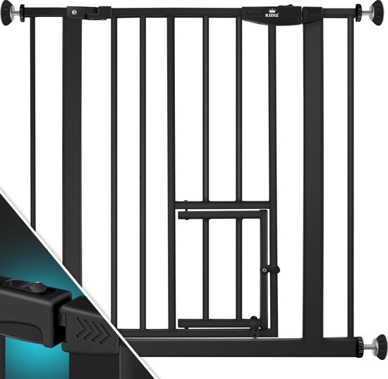 KIDIZ® Stair Gate Barrière Enfant - Barrière Chien | avec porte pour Chiens et Chats , animaux domestiques | sans perçage | extensible | peut être combiné avec des broches en Y | rotatif - 74 - 87 cm, Zwart