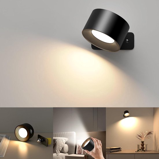 USB Oplaadbare Wandlamp met Afstandsbediening – Zwart - Draadloos - Dimbaar - 2700K - 4400 mAh Accu - Geschikt voor Binnen