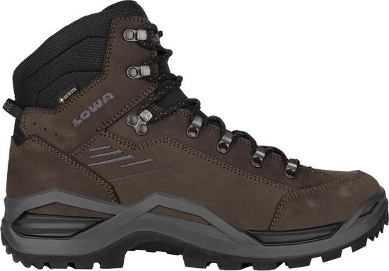 Bruine Lowa Renegade EVO GTX Mid wandelschoen met zwarte veters en zool.