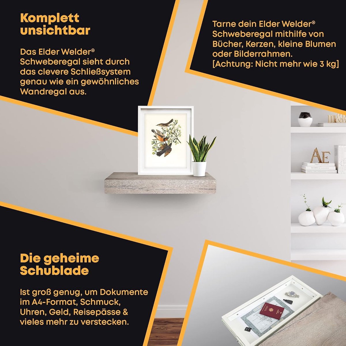 Verborgen plank, 40 x 25 x 7 cm, verborgen zwevende lade, wandrek met