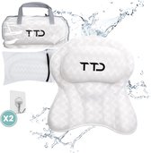 TTD® Luxe Badkussen - Ergonomisch Nekkussen met Hoofdsteun voor in Bad - 6 Sterke Zuignappen voor Fixatie - 5D Air Mesh Stof - Wasbaar in Wasmachine - Inclusief Waszak en Reistas