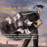 Gordon Getty's "Goodbye, Mr. Chips" albumhoes met een afstuderende man die papieren wegblaast, met de namen van de artiesten.