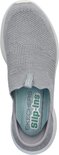 Bovenaanzicht van grijze Skechers instapper met mesh stof, binnenzool met 'Skechers Slip-ins' tekst.
