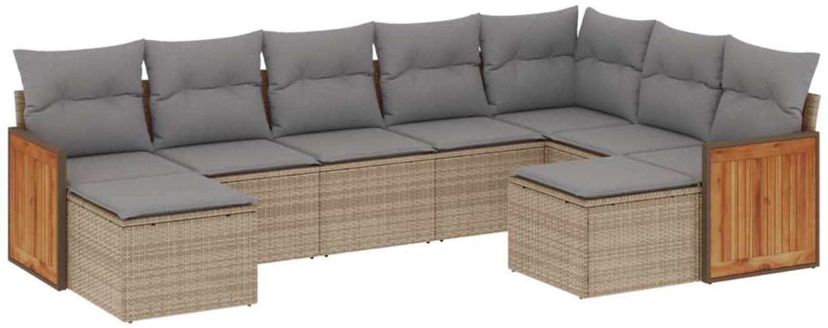 The Living Store 9-delige Loungeset met kussens poly rattan beige - Loungeset - Lounge Set - Buitendecoratie - Tuinmeubels - Loungebank