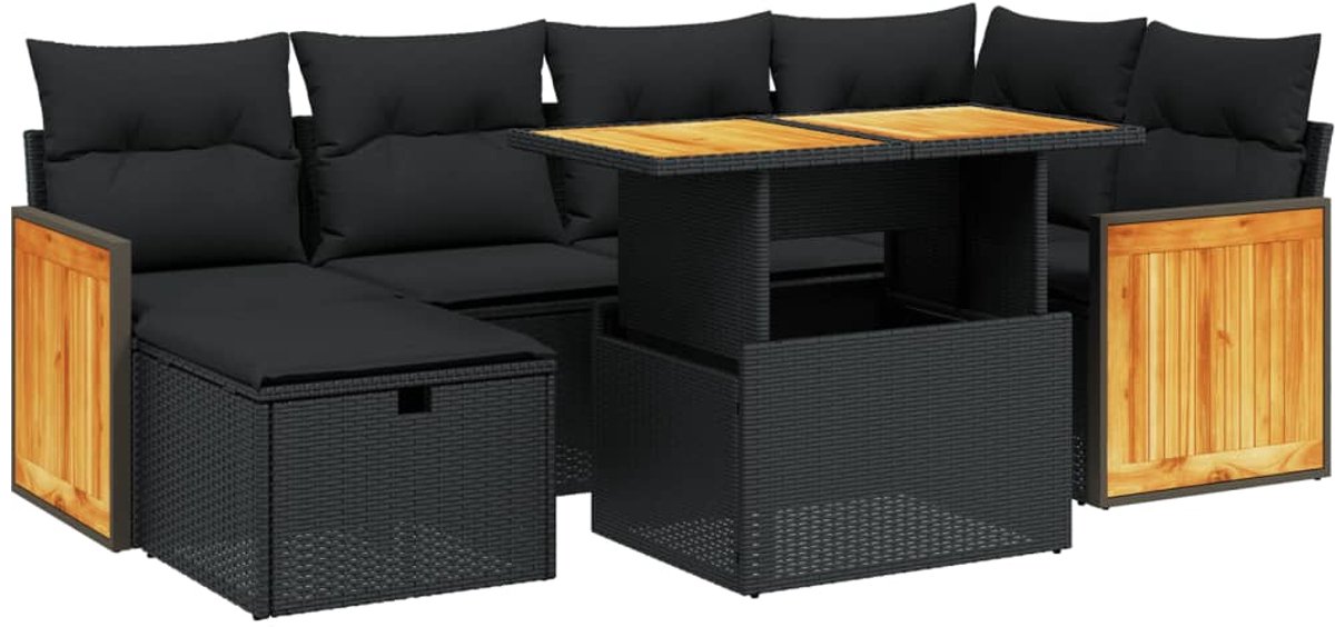 The Living Store 7-delige Loungeset met kussens poly rattan zwart - Tuin Lounge Set - Loungebank - Buitenkamer - Buitentijd - Relaxen