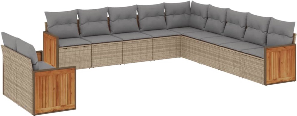 11-delige poly rattan tuinset in beige met kussens - Loungebank en lounge set.