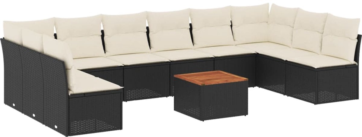 The Living Store 11-delige Loungeset met kussens poly rattan zwart - Tuin Lounge Set - Loungebank - Buitendecor - Poly Rattan - Garden Furniture
