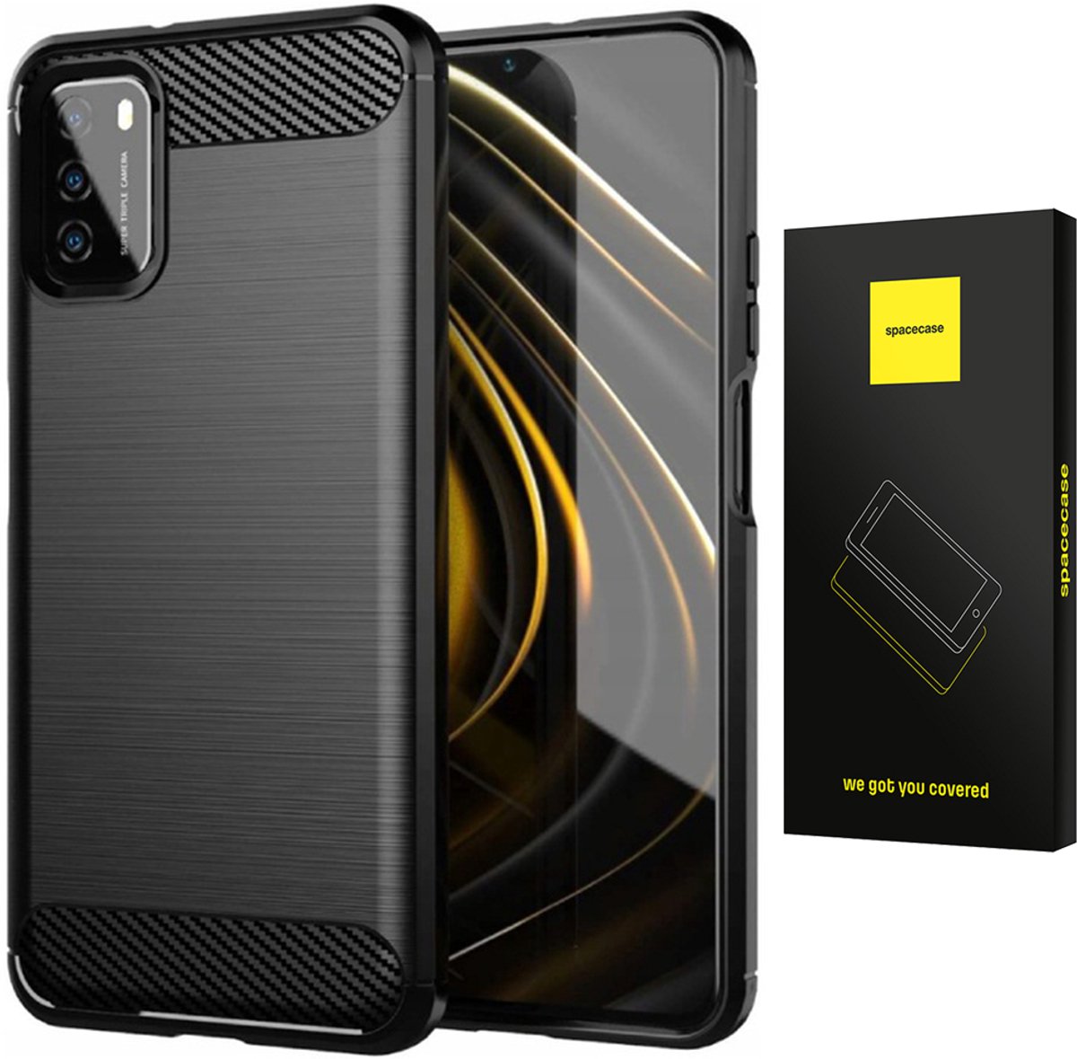 Spacecase Case Cover Voor Poco M3 Telefoon Zwart Carbon