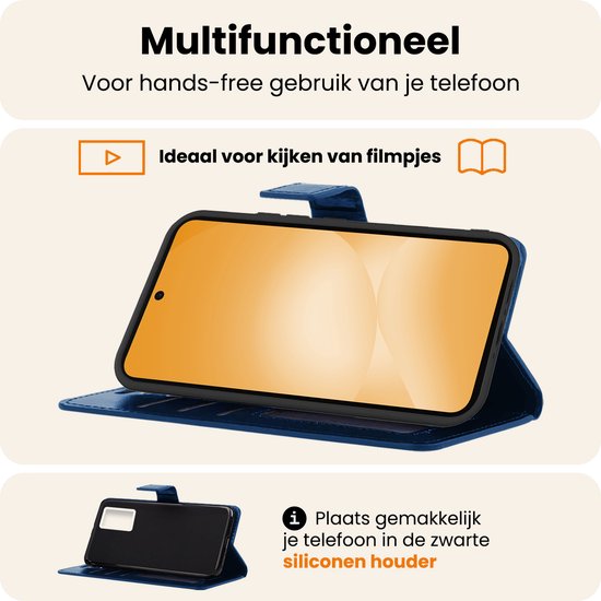 Donkerblauwe bookcase in opengeklapte stand, ideaal voor hands-free telefoongebruik.