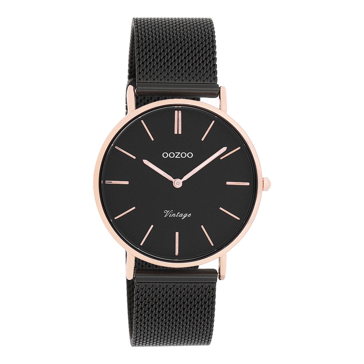 OOZOO Timepieces - Rosé goudkleurige horloge met zwarte metalen mesh armband - C8870