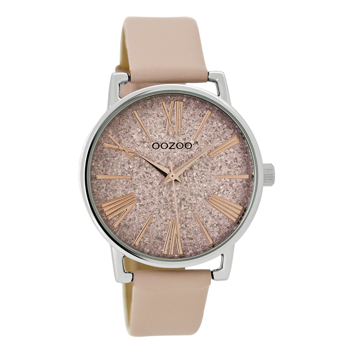 OOZOO Timepieces - Zilverkleurige horloge met poeder roze leren band - JR302