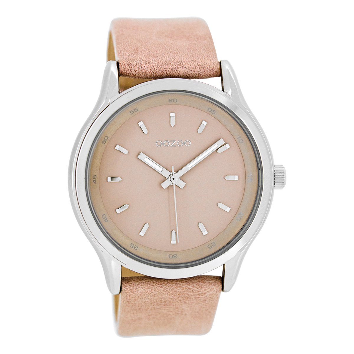OOZOO Timepieces - Zilverkleurige horloge met roze leren band - C7436